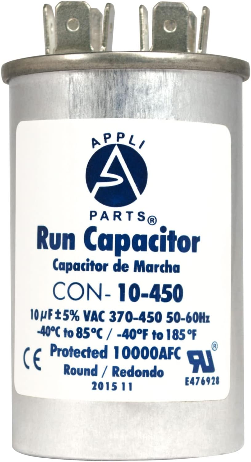 Appli Parts Condensador Capacitor de Marcha 10 Mfd uF (microfaradios) 370VAC o 450VAC CBB65 Universal Aire acondicionado y otras aplicaciones Redondo UL E476928 7.5cm Alto 3.7cm Ancho CON-10-450