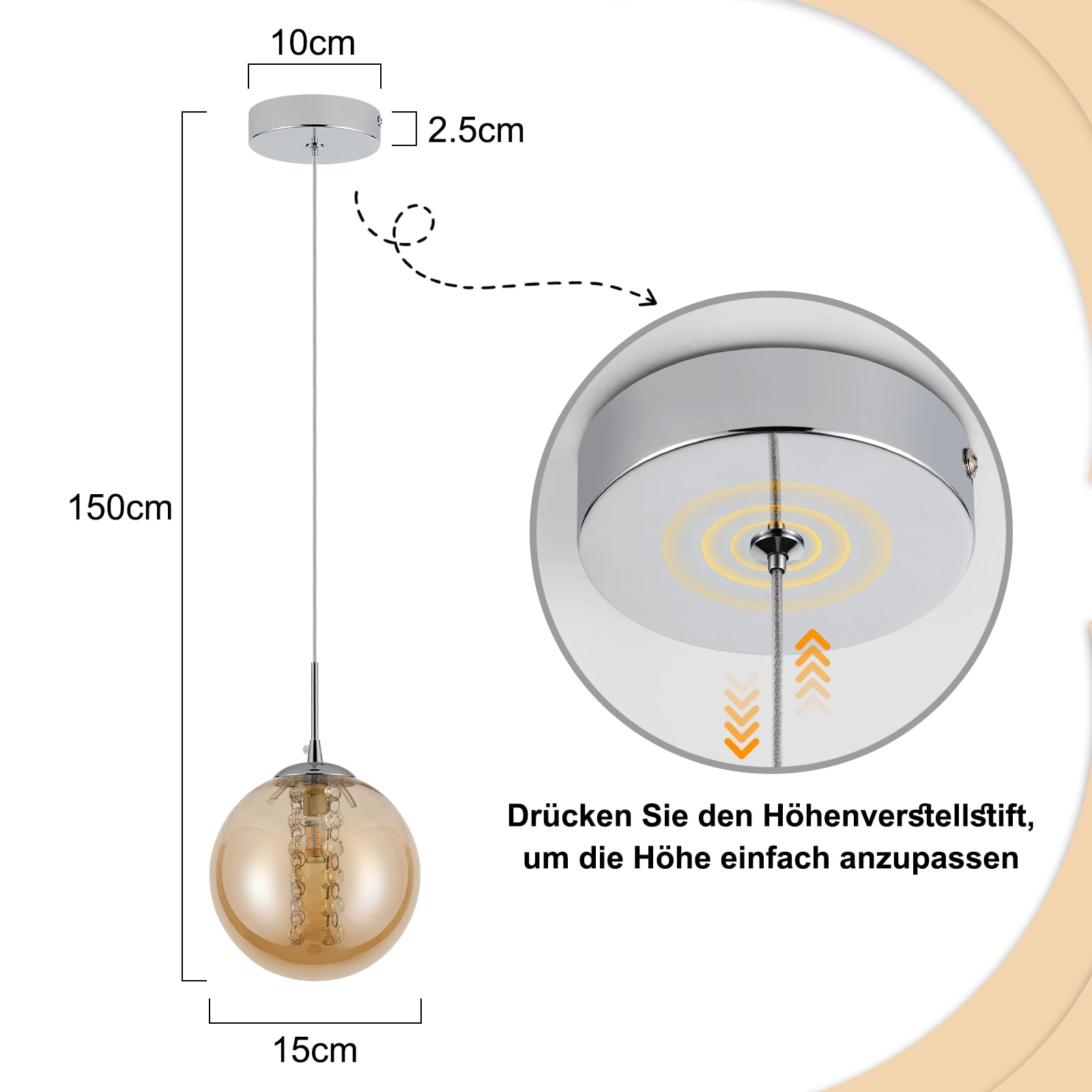 CBJKTX Pendelleuchte Glas Hängelampe Modern - 1 Flammig Bernstein Esstischlampe 120CM Höhenverstellbar G9 Nachttisch Hängeleuchte Pendellampe für Esstisch Schlafzimmer Esszimmer Bar