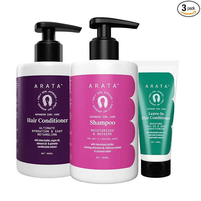 Arata Advanced Curl Care Curly Hair Combo | With Shampoo (300 ML), Rinse-Out Conditioner (300 ML) & Leave-In Conditioner (100 ML) | Hibiscus Extract, Coconut Water & Shea Butter | Conditions Curls at Rs. 1090