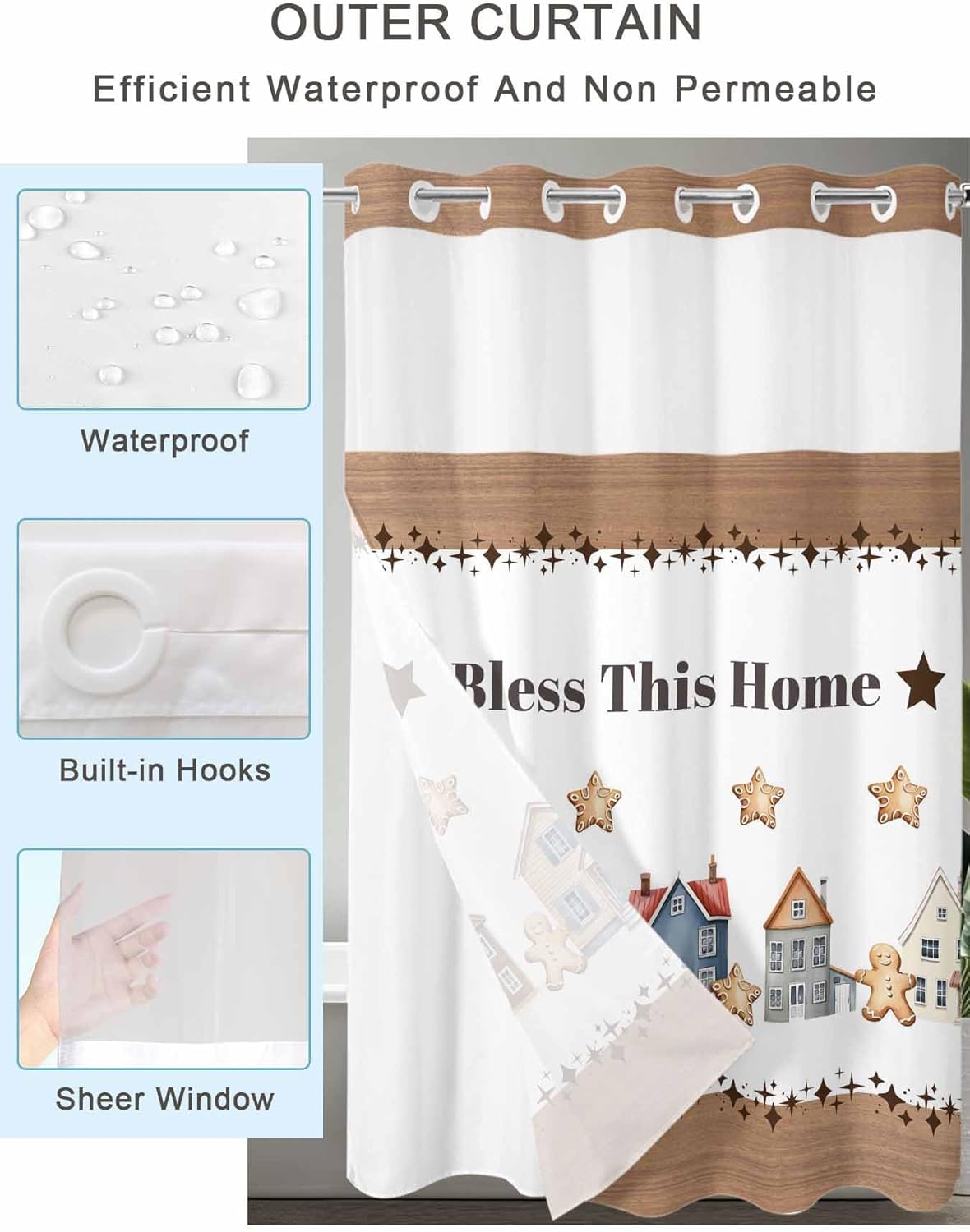 No Hook Shower Curtain with Snap in Liner, Farmhouse Flower Bless This Home Waterproof Bath Curtain Double Layers with See Through Top Window, Rustic Shining Star Wood Hotel Shower Curtains