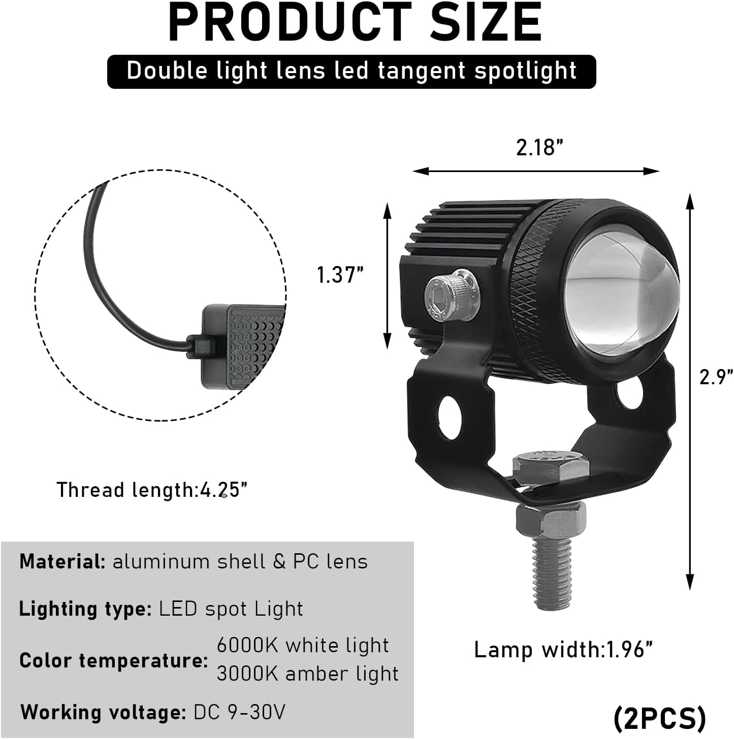 KVAEY 2PCS Motorcycle LED Driving Fog Lights, Dual Color LED Projector Light Driving Spotlights with Mount Bracket & Wire, 60W Ultra Bright Auxiliary Light for Motorcycle Car Truck