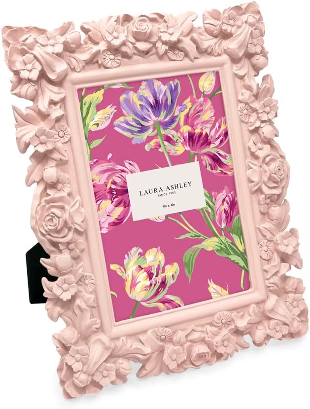Laura Ashley 4x6 Pink Floral Textured Hand-Crafted Resin Picture Frame with Easel, for Tabletop & Wall Display, Decorative Floral Design Home Décor, Photo Gallery, Art & More (4x6, Pink)