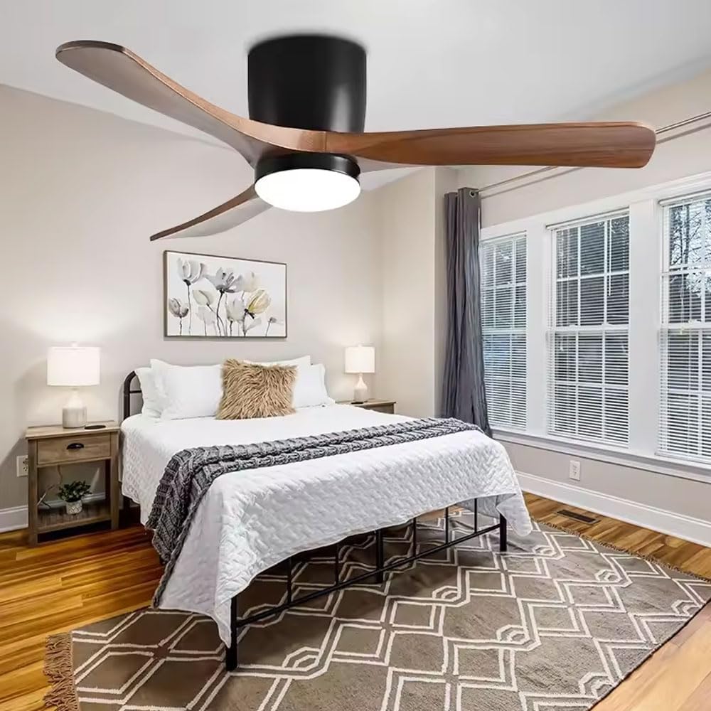 Ceiling Fans With Lights Modern Flush Mount Ceiling Fans Lighting With Wood Blades Fan Light Reversible Remote Control LED Fans Lamp 6 Wind Speeds Dimmable Ceiling Fans Lighting For Household Bedroom
