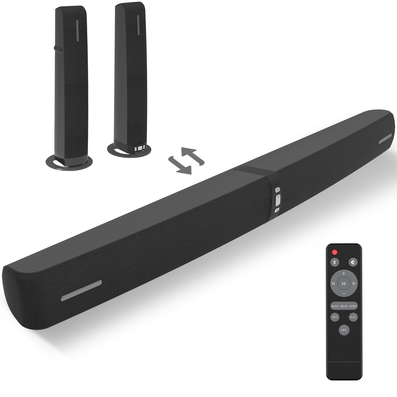 Soundbar für TV, 90 W 2-in-1 Abnehmbar Soundbar mit Auto Volume Boost, TV-Lautsprecher mit Bluetooth 5.3/ARC/Opt/AUX-Anschluss, Heimkino-Soundbars für PC/Gaming/Projektoren, 1 Stück