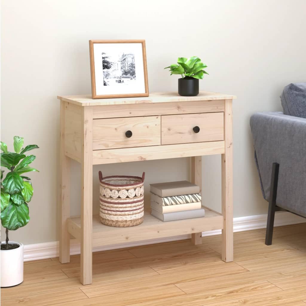 SXZenSpace Console Table 75x35x75 cm Solid Pine Wood Brown Rustic Hallway Side with 2 Drawers & Open Shelf for Living Room Bedroom or Corridor