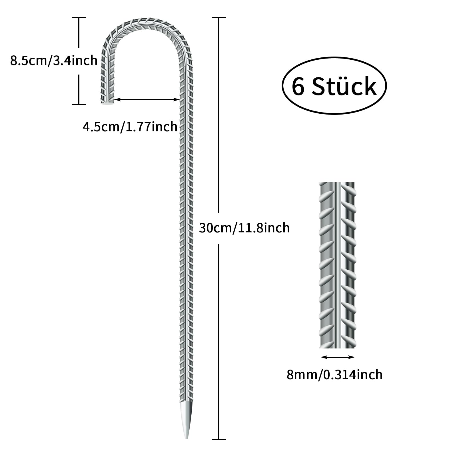12 Picchetti Tenda In Acciaio Zincato - 30cm, Forma A J, Per Campeggio, Trampolini, Giardino, &Oslash;8mm
