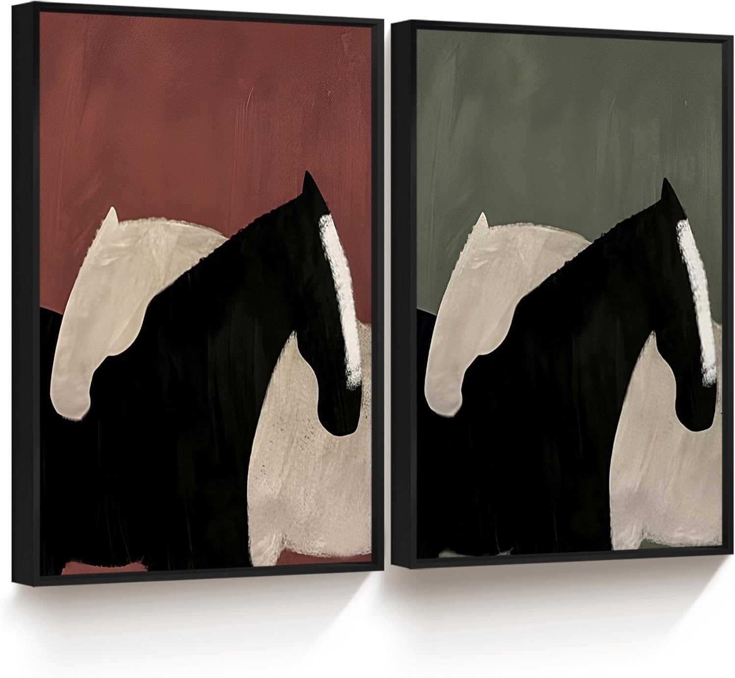 Framed Vintage Horse Canvas Wall Art Set of 2 - Abstract Black and White Horses Oil Painting Modern Farmhouse Animal Wall Decor for Living Room, Bedroom 12x16 inch Horse Gifts