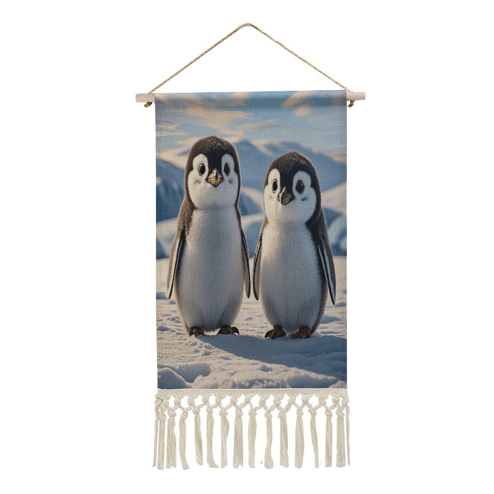 FekiLoot Cute Penguins Wall Art Print Decor Art Tapestry with Tassel Cotton Linen Hanging Poster Vintage Aesthetic Wall Art Poster Rustic Wall Art Decor for Home Bedroom Living Room Office
