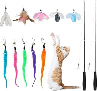 12pcs Interactive Cat Toy Cat Feather Toy | 2 Retractable Fishing Rod Set 10 Refill with Bell Interactive Games for Indoor Kittens Stimulate Hunting Instincts