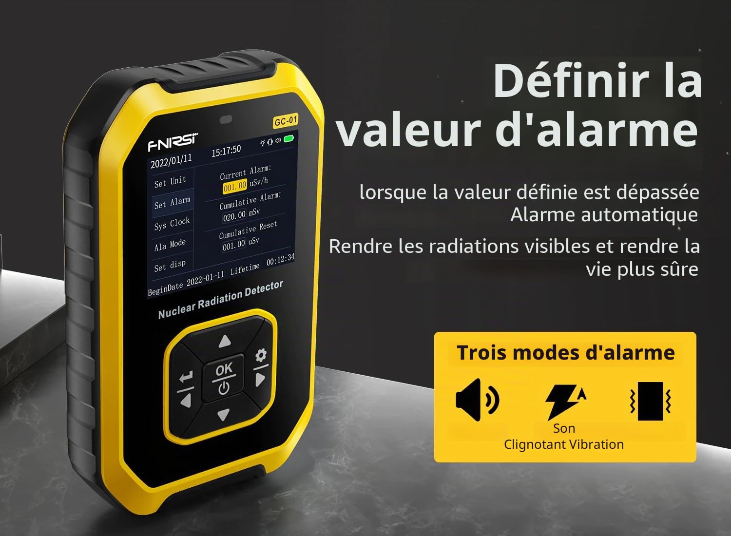 Fnirsi Détecteur de rayonnement nucléaire Geiger counter GC-01 Geiger counter Dosimètre personnel X-ray γ-ray β-ray Testeur de radioactivité détecteur de marbre (jaune)