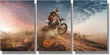 Dirtbike Canvas Wall Art Motorcycle Wall Decor Motocross Posters & Prints Extreme Sport Wall Painting Motorcycle Racing Wall Art for Living Room Boys Room 3 Pieces Framed Ready to Hang 12X16X3 INCH