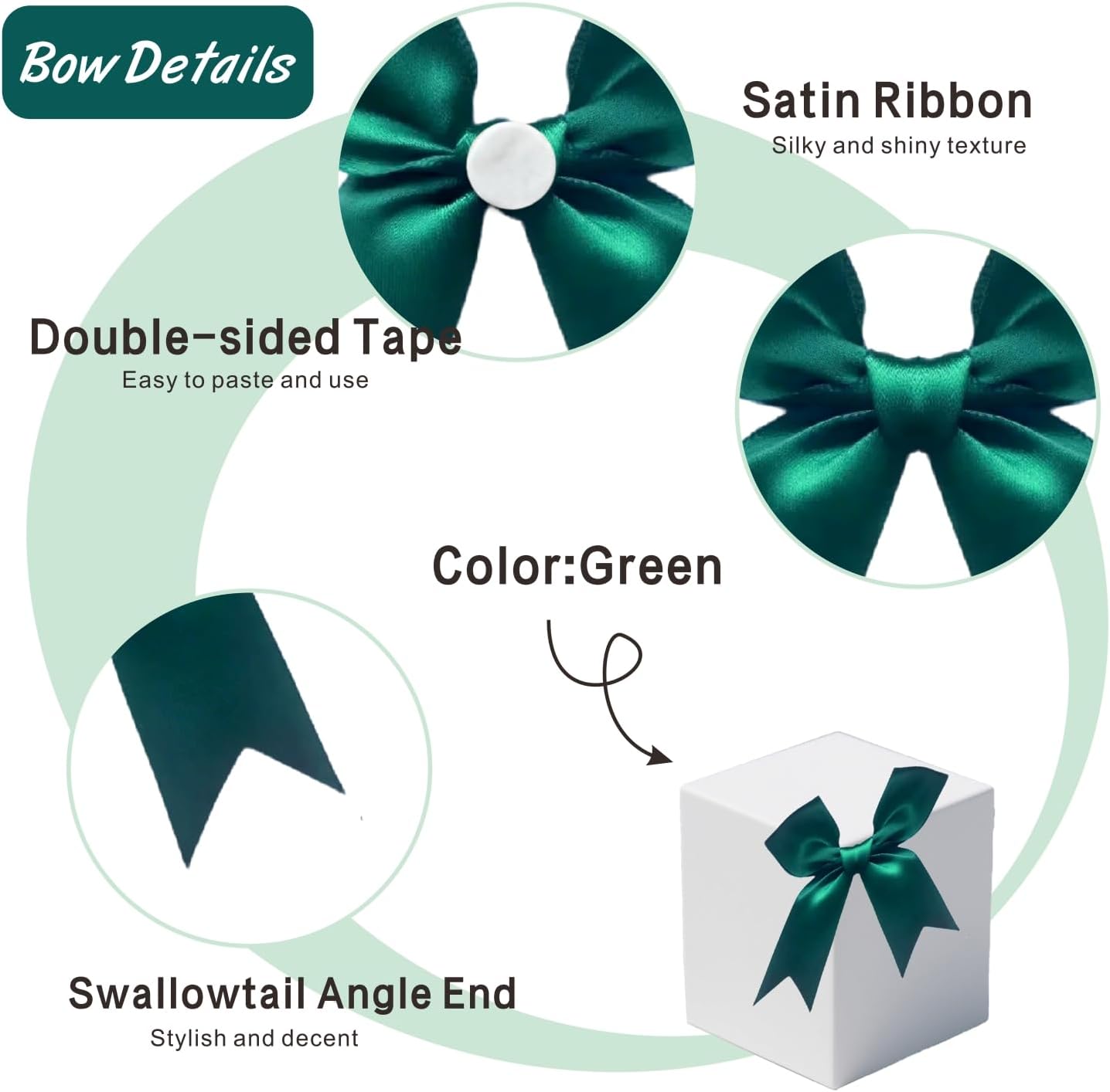 60Pcs Emerald Green Gift Wrap Bows, 3.3" Satin Ribbon Bows for Gift Wrapping, Large Size Bows for Treat Bags, Baby Shower Birthday Wedding Xmas Party Decors, Valentines, Gift Bags, DIY Crafts - Image 3