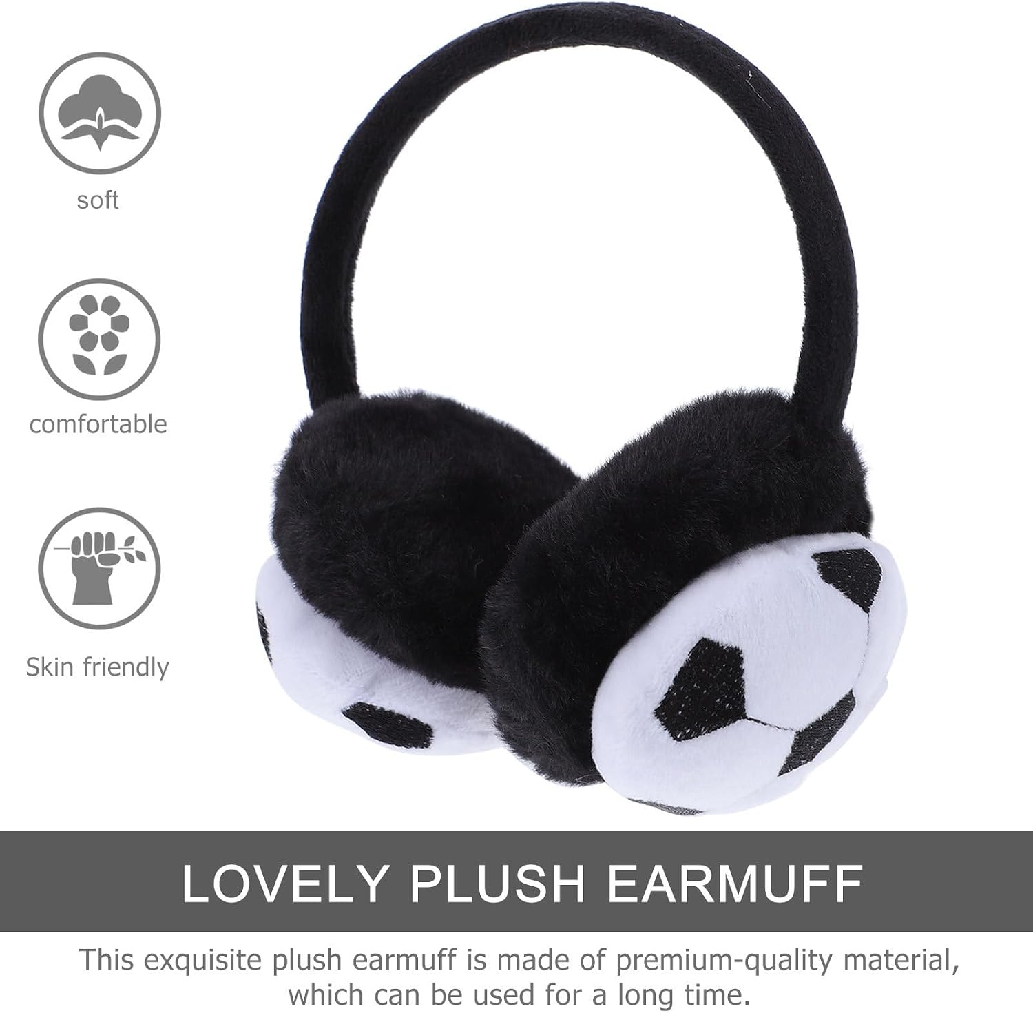 Soccer Embroidered Earmuffs Plush Winter Warm Ear Warmers Soft Black White Outdoor Cold Weather Ear Covers for Boys