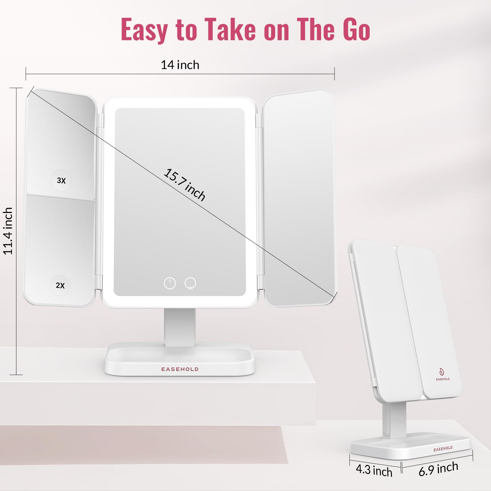 EASEHOLD Rechargeable Trifold Lighted Makeup Vanity Mirror