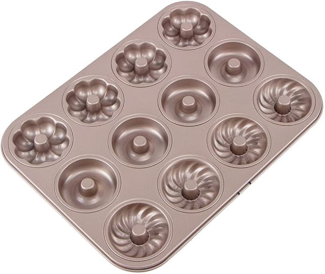 Webake Donut Mould Mini Fluted Ring Cake Tins 12 Hole Ø 7cm Non Stick Carbon Steel Baking Tray for Doughnut Muffin Cupcake, Gold