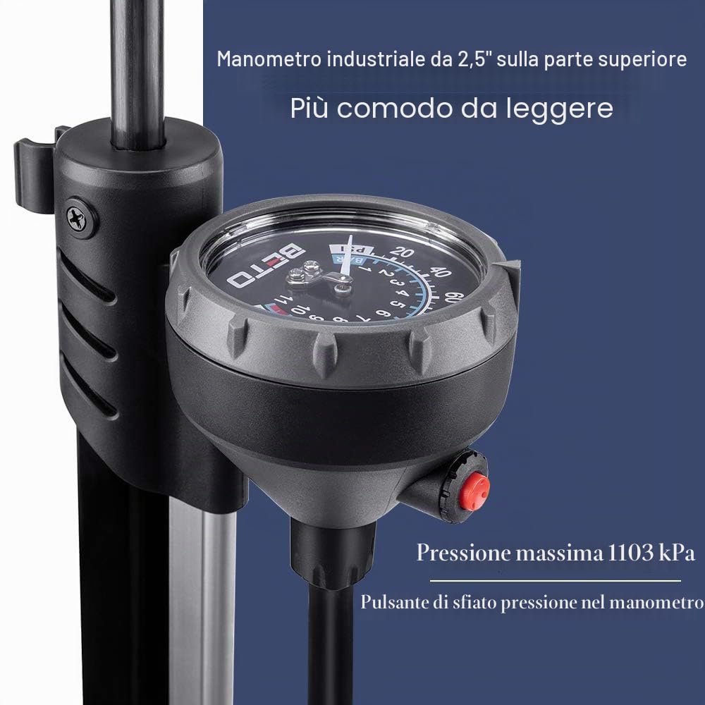 Beto Pompa portatile per bicicletta, pompa da pavimento per bicicletta, con manometro industriale montato sulla parte superiore e pulsante di sfiato dell'aria, valvola Presta Schrader Dunlop