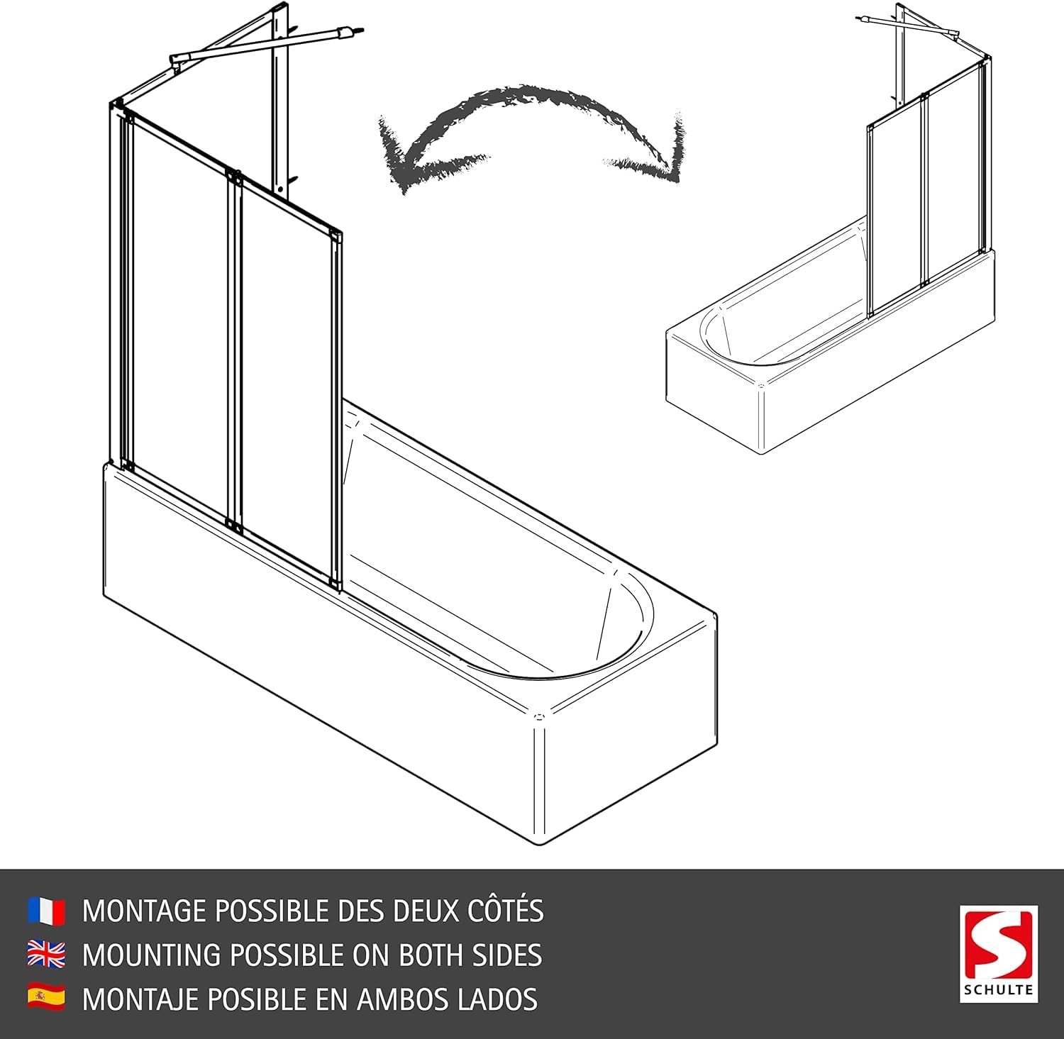 Schulte Duschwand für Badewanne zum Kleben, 89x121cm, 2-teilig, Schwarzmatt