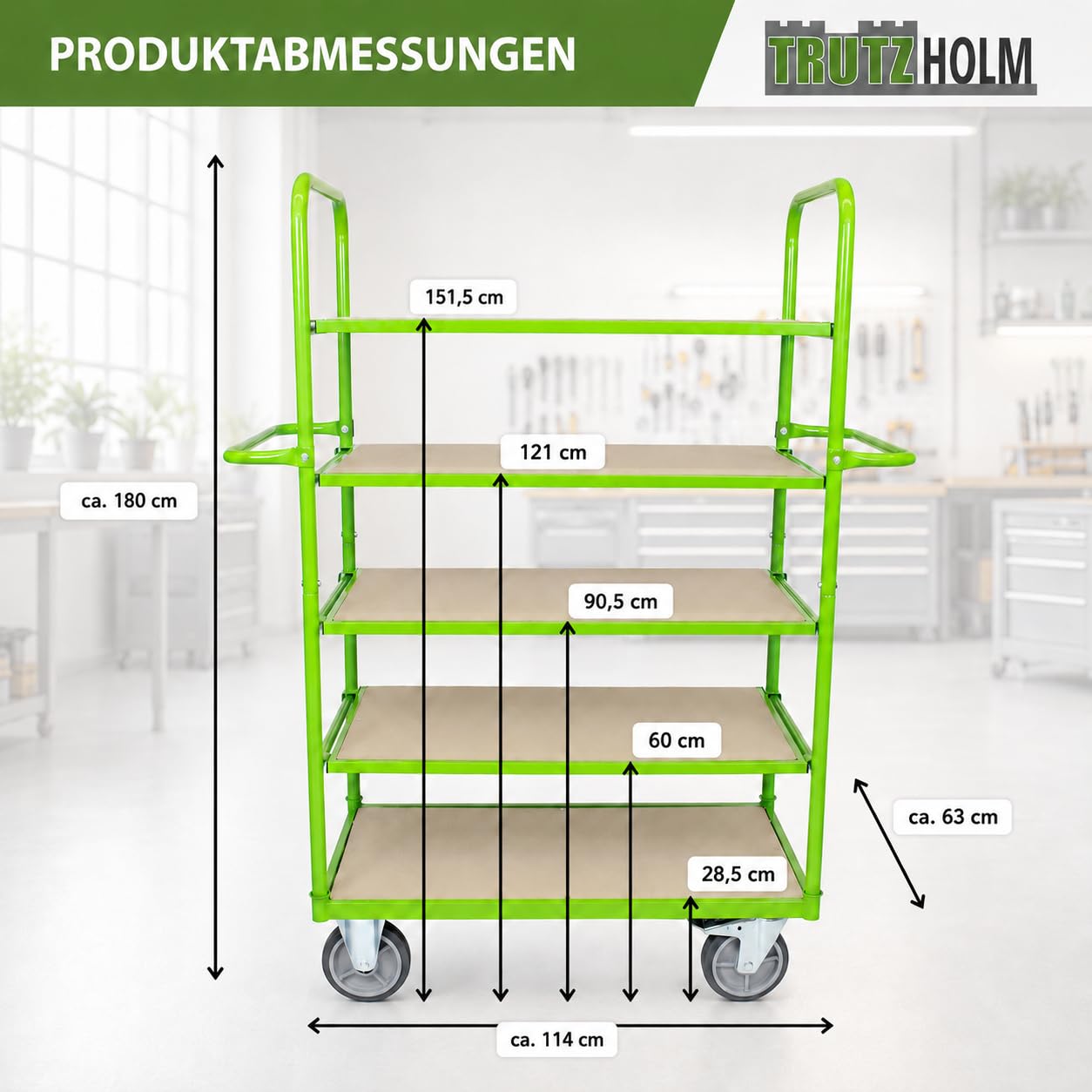 TRUTZHOLM Etagenwagen 600 kg Transportwagen mit 5 höhenverstellbaren Böden, grüner Stahl Rollwagen für Lager Werkstatt Garage