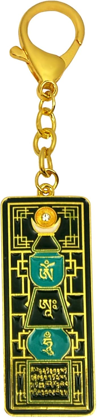 Fengshuibringluck Emerald Pagoda Keychain With Om Ah Hum Amulet Gift - Hanging Religious Ornament - Wood - New Year