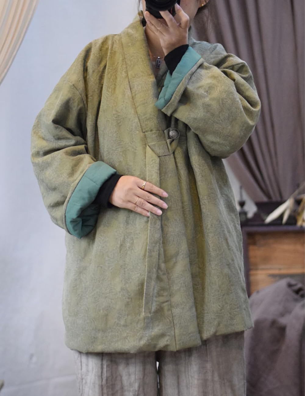 NFYM Women's Quilted Jacket Cardigan Jacquard Cotton Linen Long Sleeve Open Front Hanfu Style Padded Quilted Coats