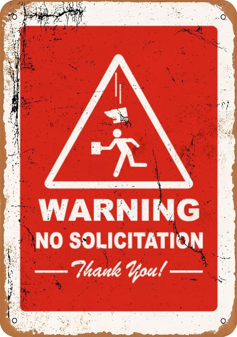 Warning No Solicitation Thank You Chic Art Wall Retro Decor Unique Artistic Tinplate Plaque Practical Decorative Gifts for Family Friends Tin Sign 8x12 Inch