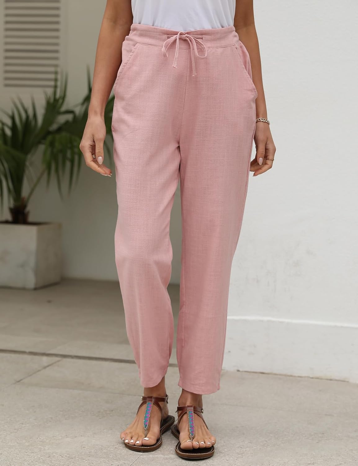 Gihuo Women's Tapered Linen Pants Casual Straight Leg Drawstring Elastic Waist Loose Comfy Joggers Trousers with Pockets - Image 3