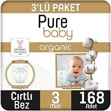 Pure Baby Organik Pamuklu Cırtlı Bez 3'L&uuml; Paket 3 Numara Midi 168 Adet