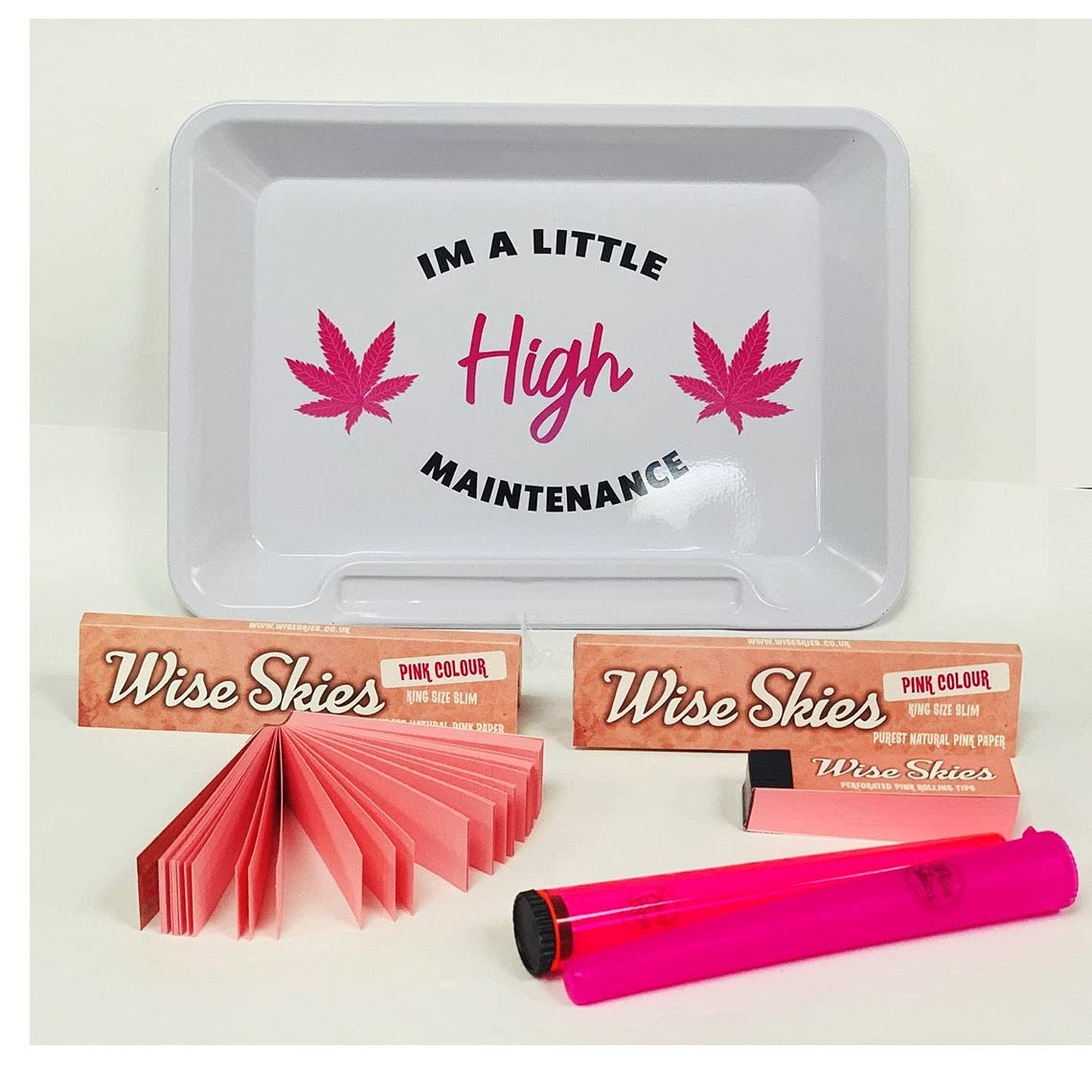 Wise Skies Pink Rolling Tray Set - Pink Rolling Papers, Tips, & Doob Tube