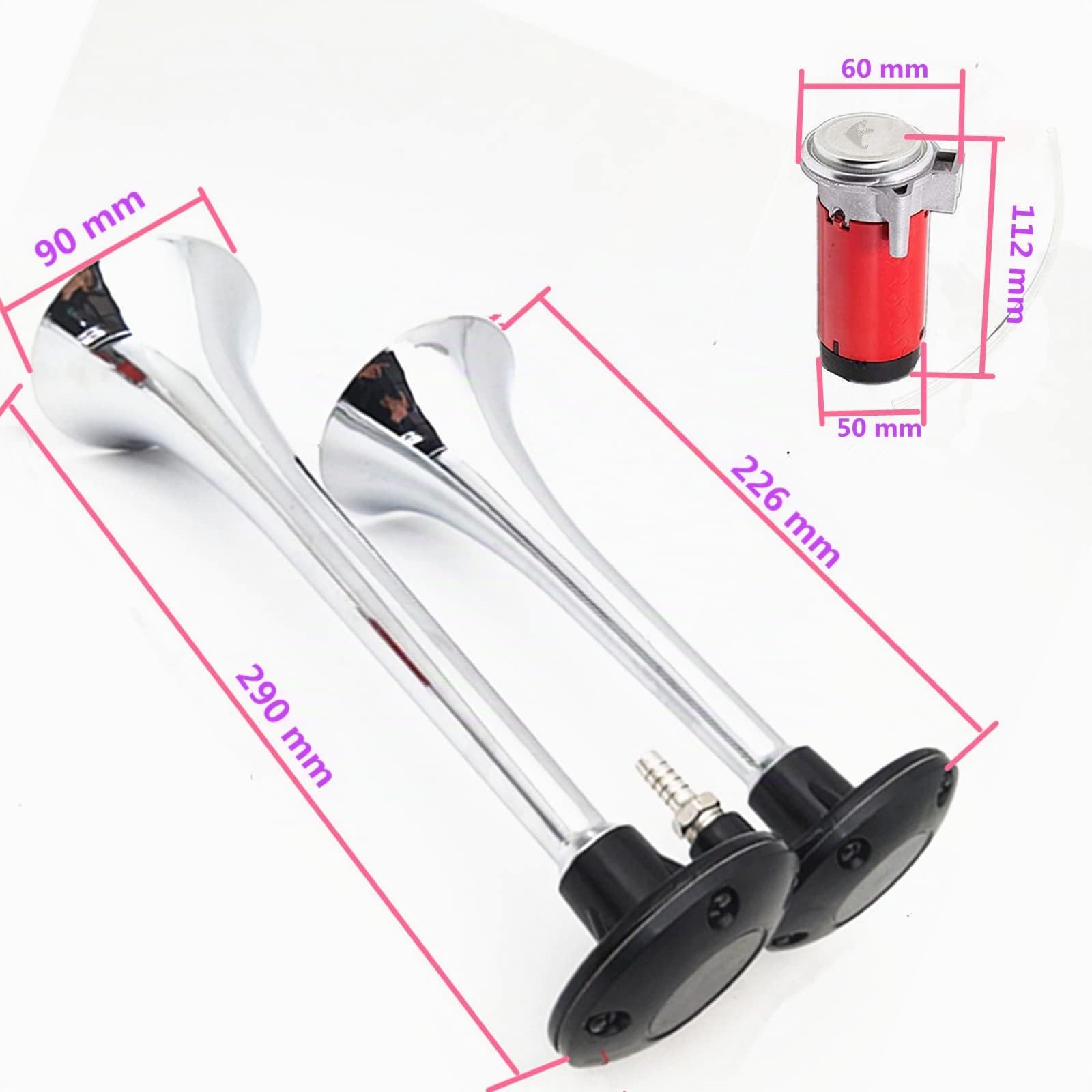 Klaxon de Voiture 150db 24V Haut-Parleur Chrome Zinc Argent Double Tube Trompette Avec Rouge Pompe à Air Pour Camion Bateau Moto