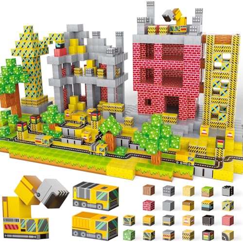 BuzzoXerex Blocos magnéticos construção crianças, 2,5 cm construções magnéticas crianças com escavadora brinquedo 80 peças Magnetic Tiles Magnetic Blocks para 4 5 6 7 8 9 10 anos, Natal, aniversário