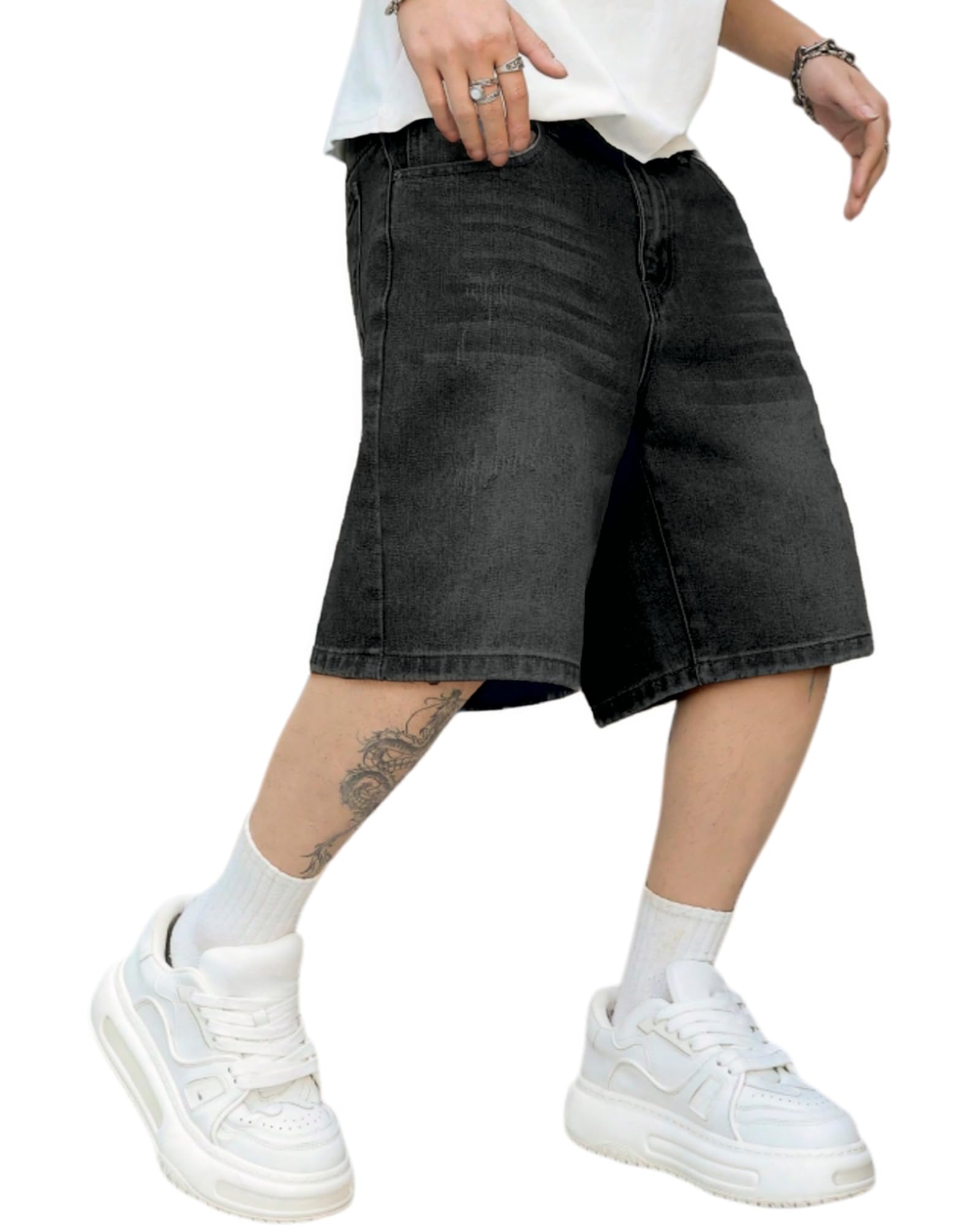 Mens Baggy Jean Shorts Loose Fit Vintage Wide Leg Jorts Y2K Streetwear Hip Hop Casual Long Denim Shorts