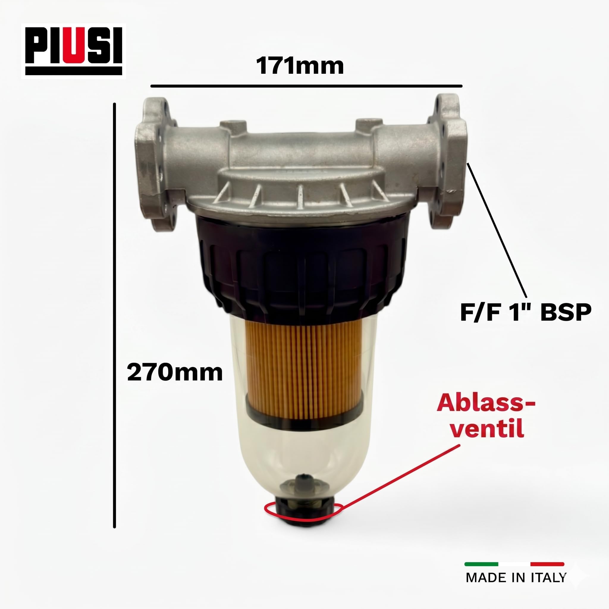 PIUSI Diesel-, Benzin- und Ölfilter mit austauschbarer Patrone, Komplettset Kopfstütze + 2x Patronen, Durchflussrate 100 l/min, Druck 5 bar, 5 Mikron Filterung | Clear Captor F00611B00