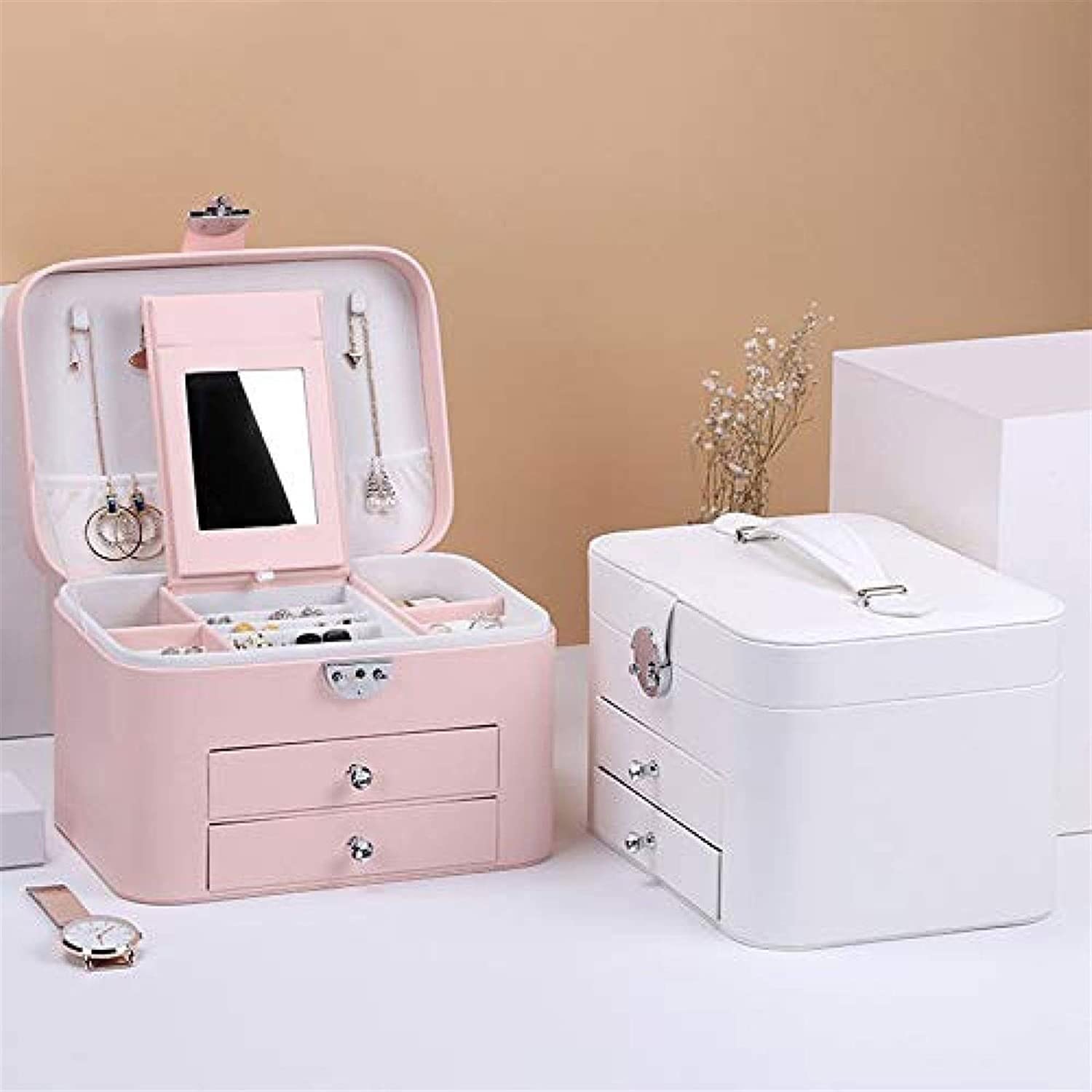 Caja De Joyería Joyero De Doble Capa con Cerradura Y Cajón De Espejo, Organizador De Joyas De Viaje con Cerradura, Caja De Almacenamiento De Joyería para Mujer Organizador De Joyas(White)