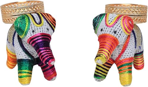 Juego de 2 portavelas de té de elefante hecho a mano, con dije de la suerte, soporte para velas en T para decoración de festivales, accesorios de