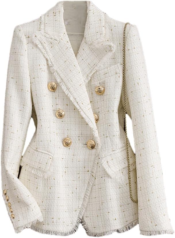 Women's Tweed Double Breasted Blazer Slim Fit Fragrance-Inspired Small Suit Jacket for Office & Casual