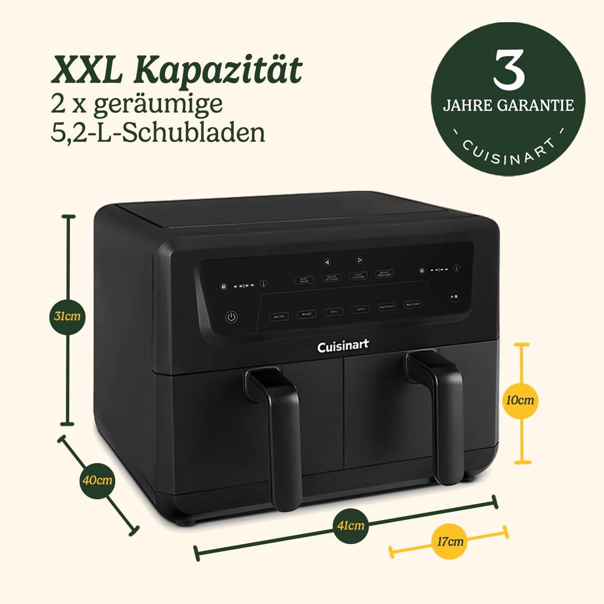 Cuisinart XXL 10.4L Zweizonen-Heißluftfritteuse| PFAS Frei Airfryer| Braten, Grillen, Backen, Dehydrieren und Warmhalten | 2 kammern| 2 x 5.2L - 8+ portionen| Spülmaschinenfeste Teile