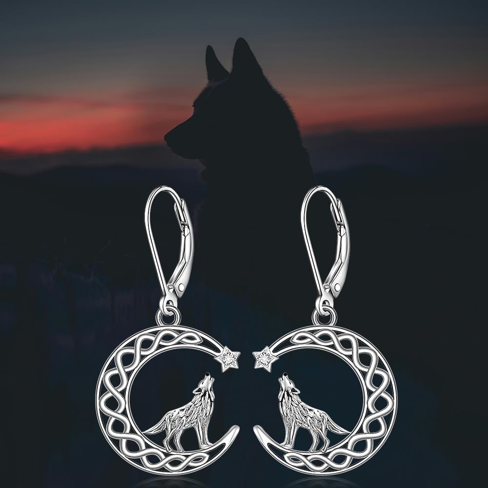 Wolf Earrings for Women 925 Sterling Silver Howling Wolf Dangle Earrings with Celtic Knot Moon Accents Gifts for Christmas, and Nature Enthusiasts - Image 4