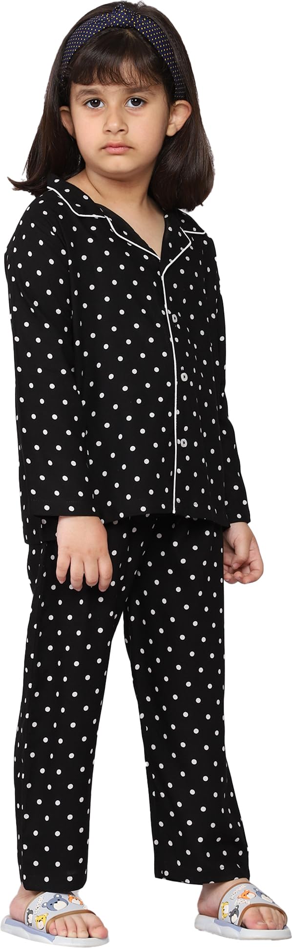 mininest Rayon Full Sleeves Polka Printed Night Suit | Night Wear | Sleep Suit For Boys & Girls- Black (7-8 Years) - Image 4 thumbnail