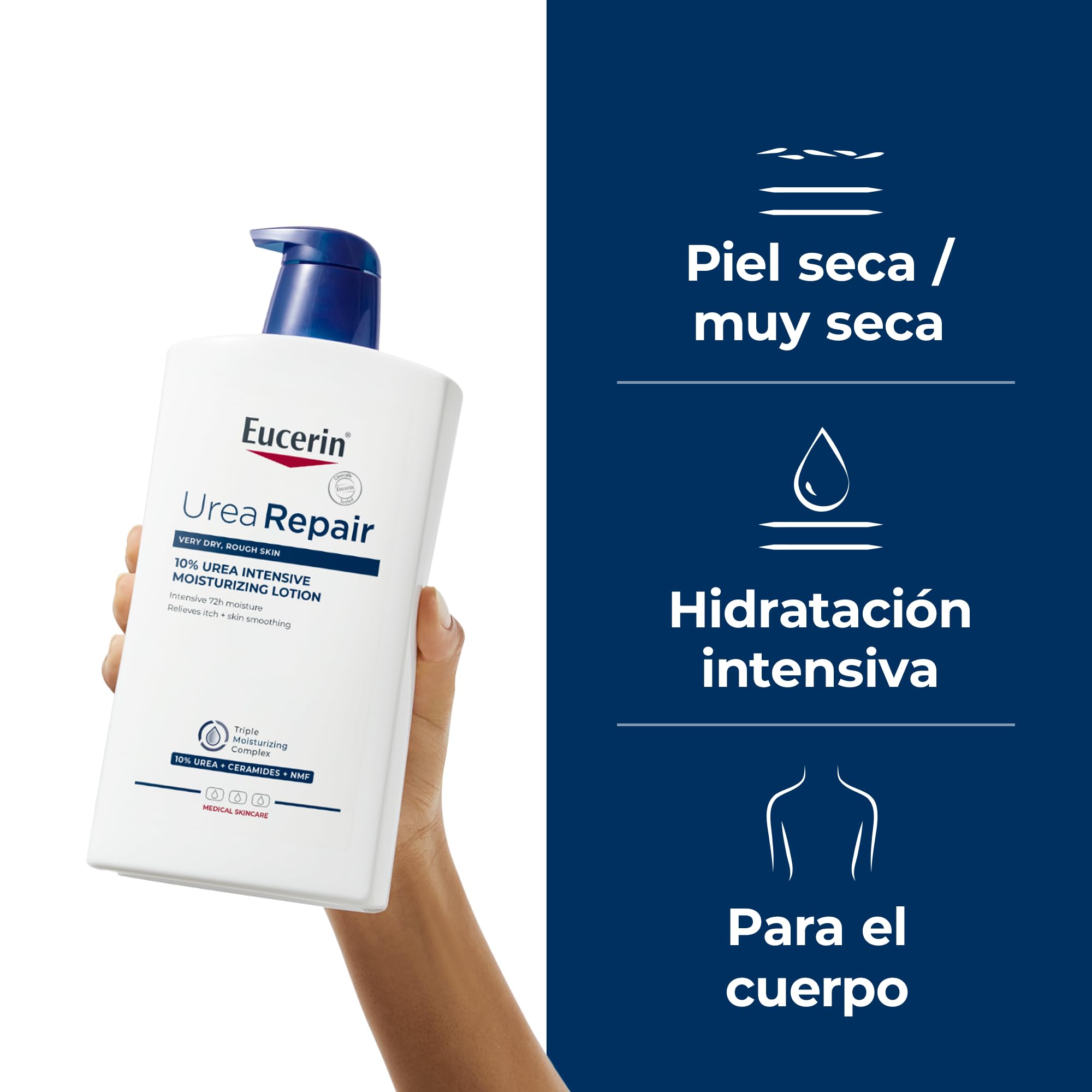 Eucerin UreaRepair Loción Corporal Intensiva 10% Urea (1000 ml), crema hidratante 72 horas, hidratante corporal con urea y ceramidas para un alivio inmediato, para pieles secas, muy secas y ásperas