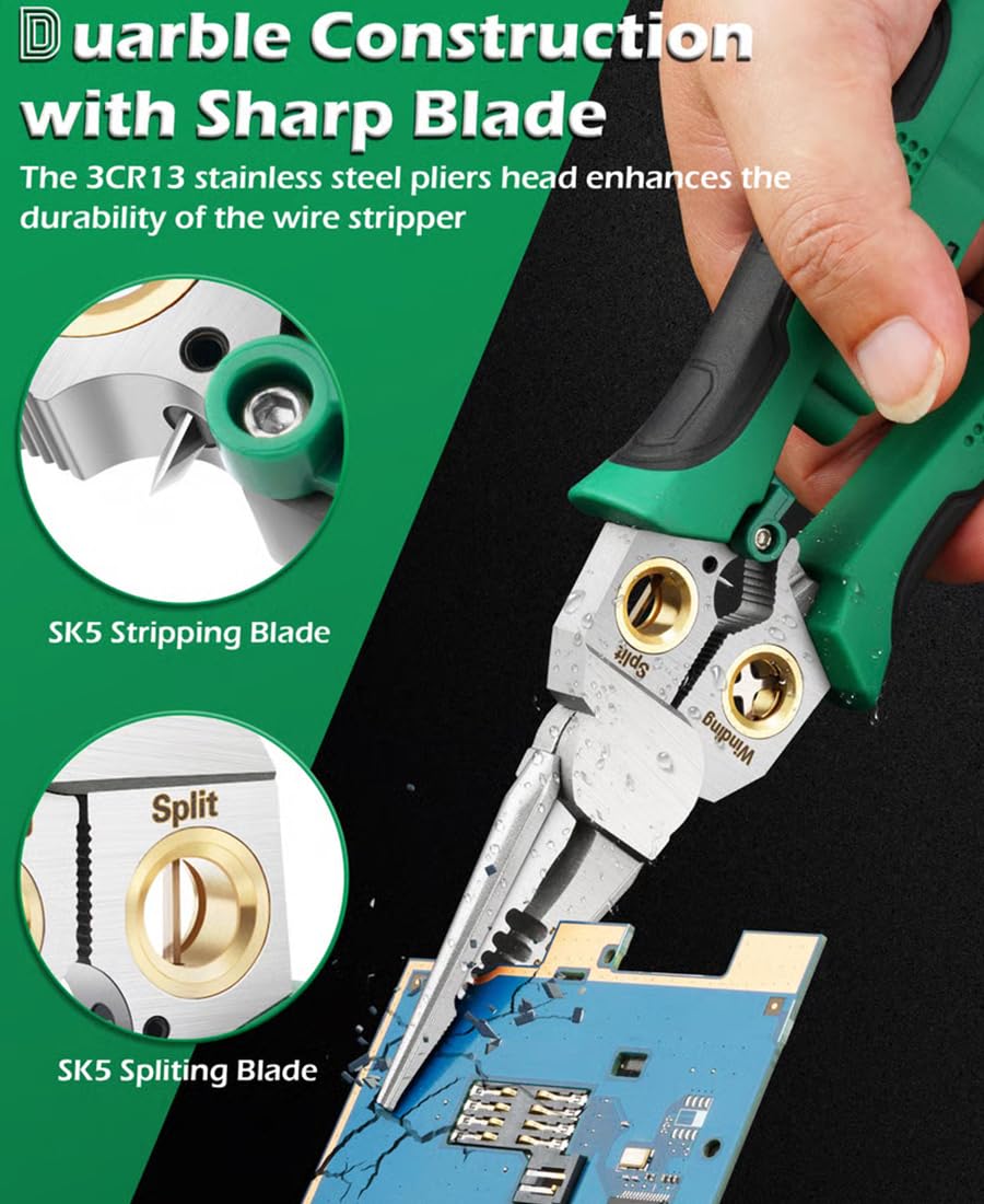 Pinza spelafili 8 in 1 con misurazione dell'elettricità, spelafili 8 in 1 con tester di tensione, strumento spelafili elettrico multifunzione per tagliare e tirare pinze (verde + grigio)