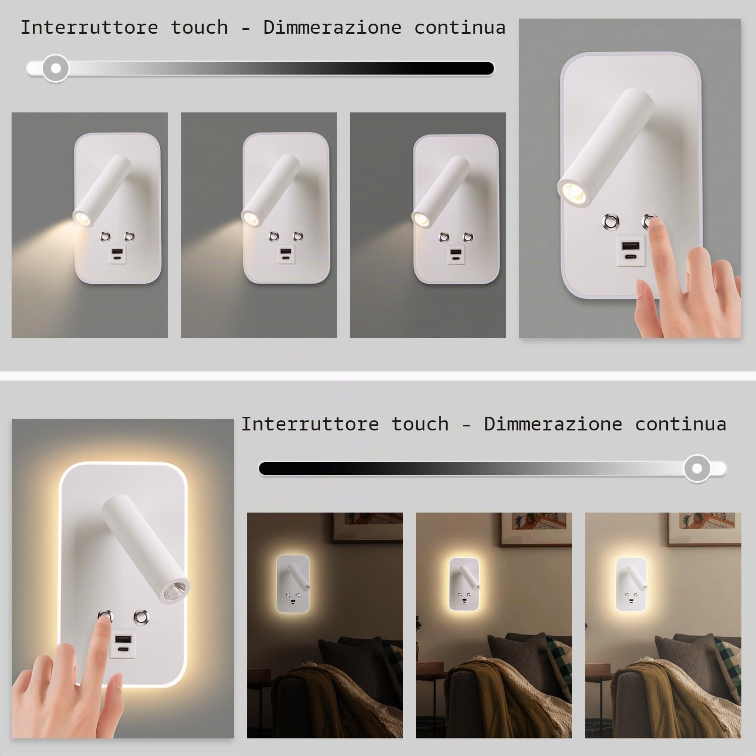 Lampada da Parete a LED, Lampada da Lettura da Comodino, Con interruttore dimmer touch e porta di ricarica USB A+C, Lampada da comodino per camera da letto e hotel (3W 3000K+7W 6000K) Bianco
