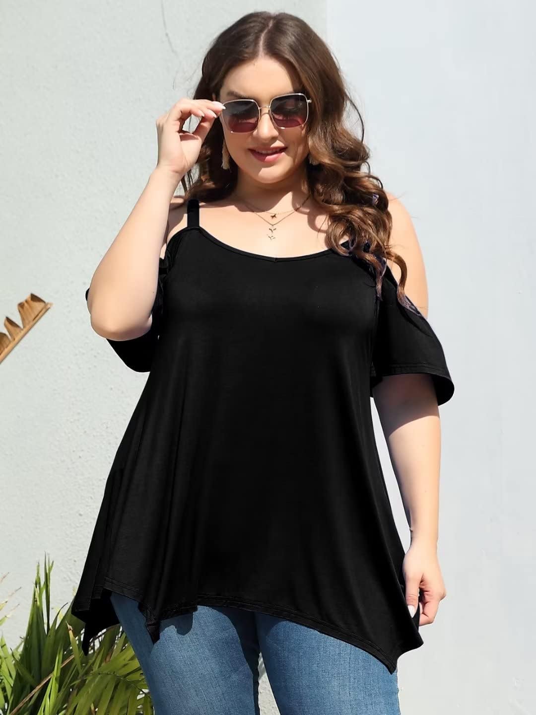 LARACE Cold Shoulder Tops for Womens Summer Clothes Spaghetti Strape Tunic Oversized Shirts Asymmetrical Plus Size Blouse - Image 6