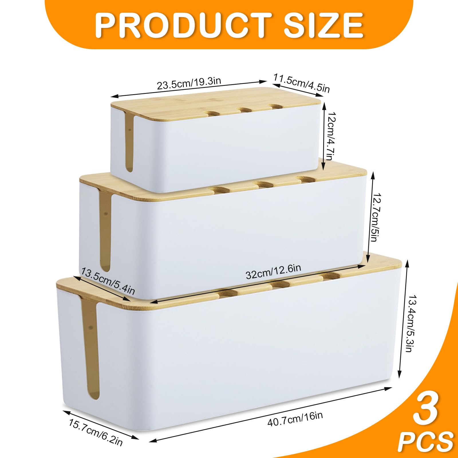 Lot de 3 Boîtes à Câbles Blanches, Boite Rangement Cable avec Couvercles en Bambou de Trois Tailles, Boite Cache Cable avec Couvercle en Bois Perforé, Cache Multiprise Electrique avec Attaches