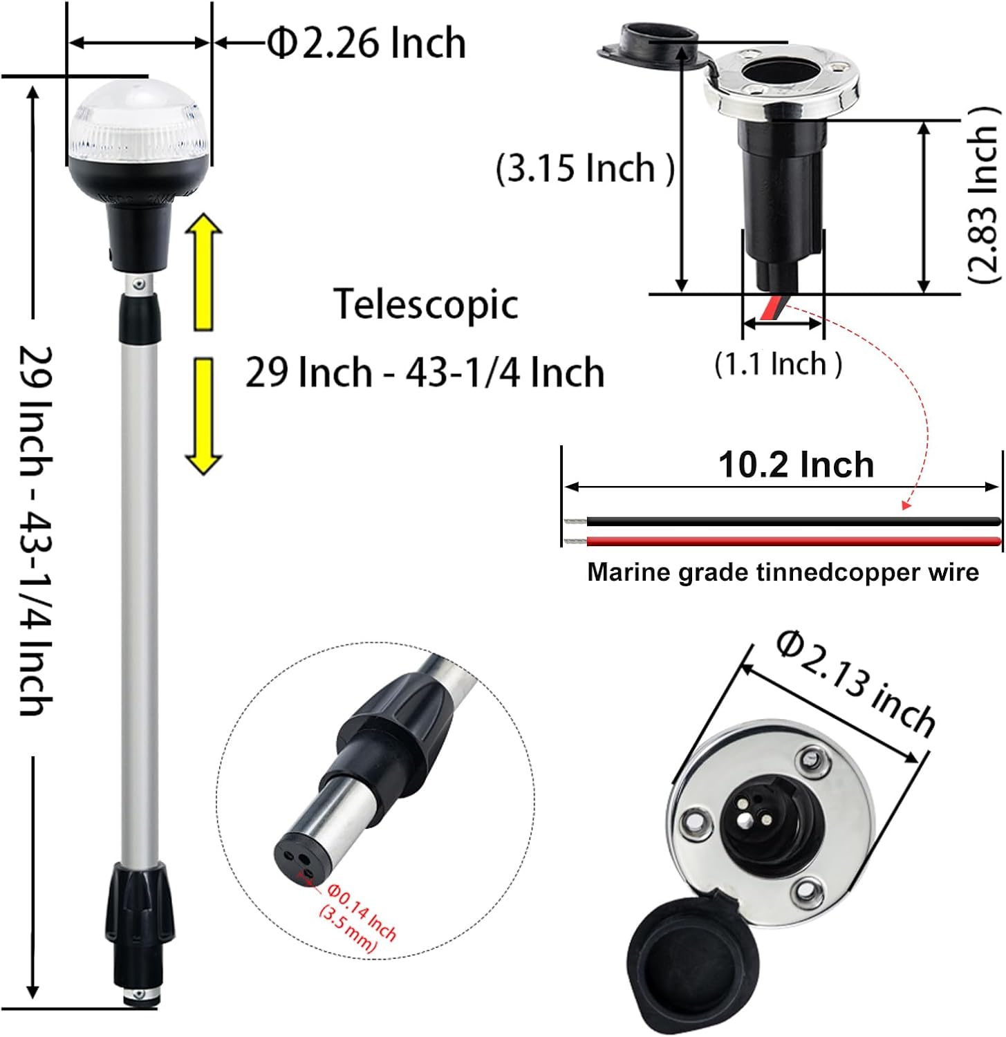 Telescoping Stern Light,Navigation Light,All Round White LED Anchor,USCG 2NM, Removable 2-Pin Plug-in Base,12-24VDC,29-44 Inches,for Pontoon Boats