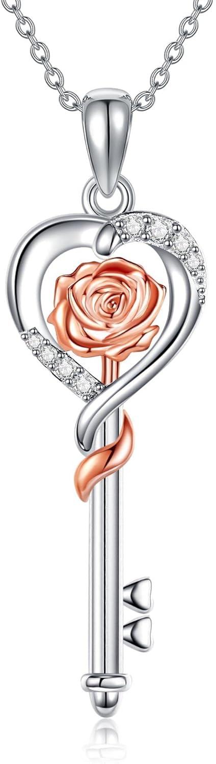 YAFEINI Key Necklace 925 Sterling Silver Rose Flower Key Charm Pendant Jewelry Christmas Gifts for Women