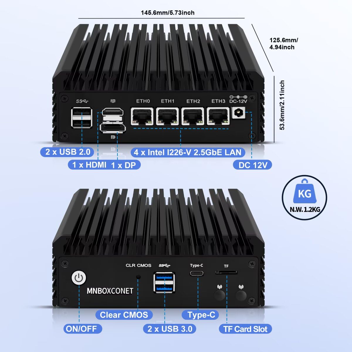 Mini PC Firewall N5105 Micro Application Computer Hardware, 4 × 2,5 GbE LAN, Barebone Dual-DDR4 RAM NVMe Slot, Triple Display, Slot TF, Compatibile con OPNsense/Proxmox/ESXi