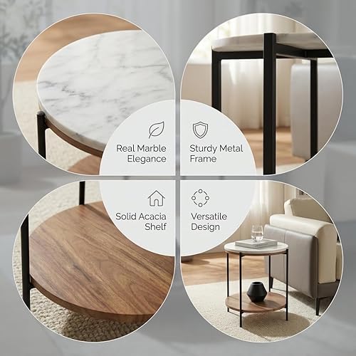 Miniatura 4 de Lyra - Mesa auxiliar redonda de mármol – Estante de madera de acacia maciza, mesa auxiliar de almacenamiento abierta para sala de estar, dormitorio,