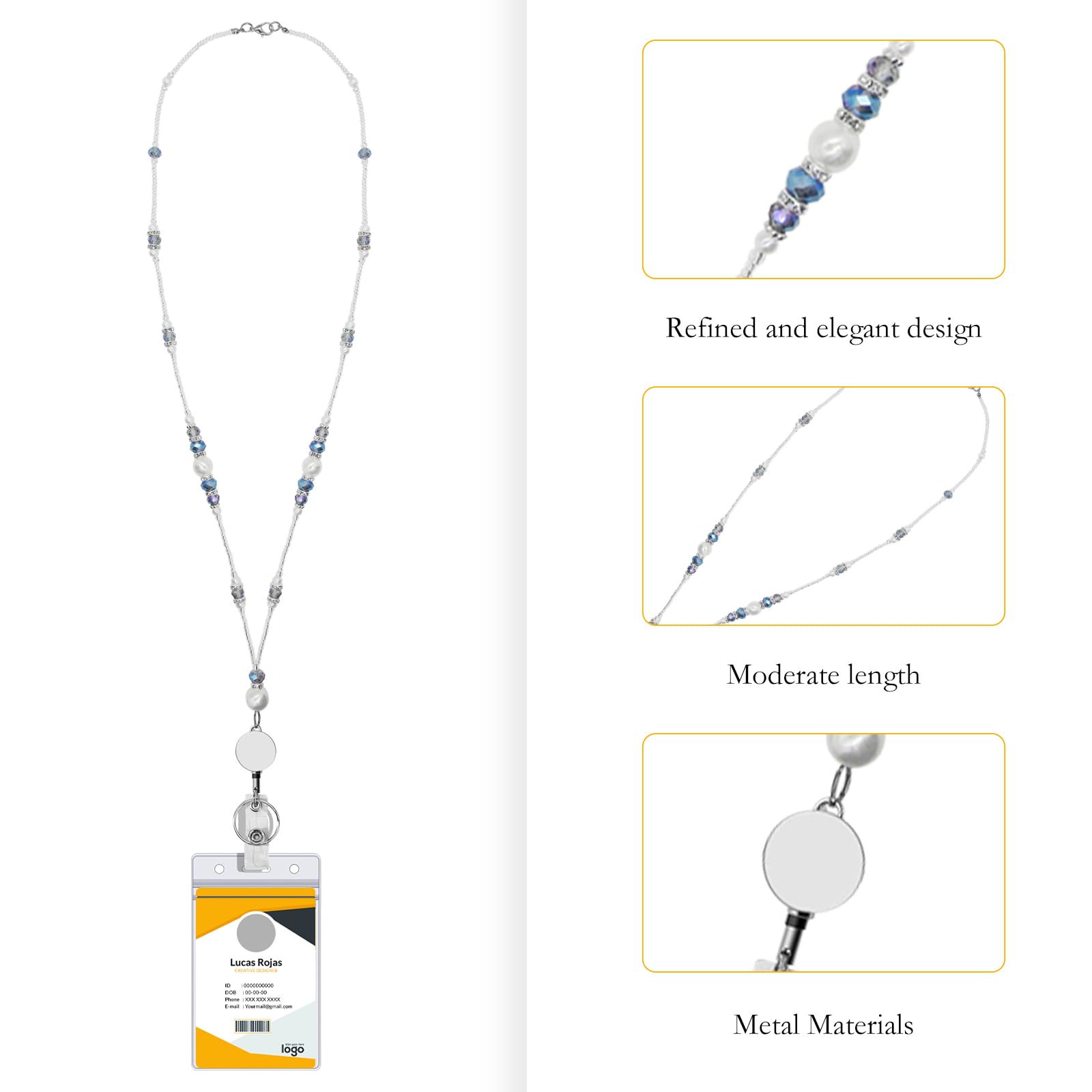 Catena porta badge per dipendenti con cristalli e perle, Lanyard con titolare del badge