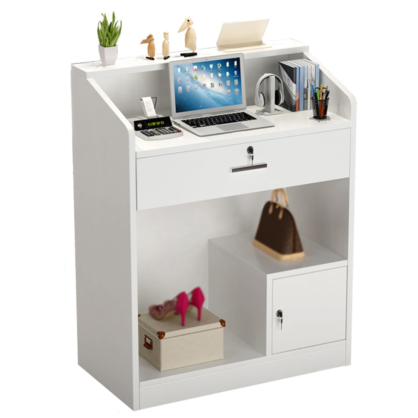 GAOXIAO Kassentheke Schmal, Empfangstresen an der Rezeption, Kassentheke für das Home Office, Begrüßungsschalter für kleine Räume, Empfangstresen mit Abschließbarer Schublade White 60 x 40 x 110cm