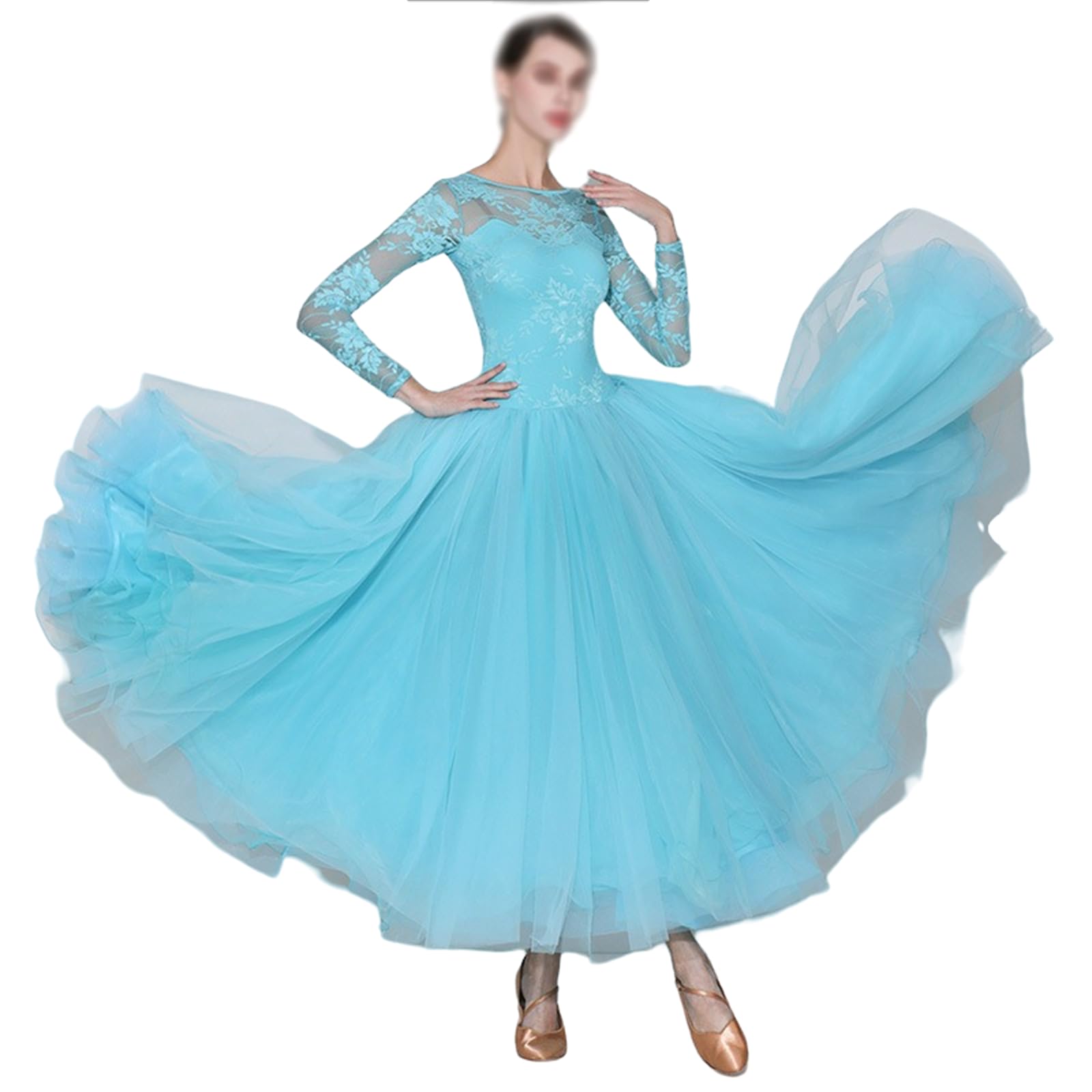 Blue,XL,Long Sleeve Ballroom Dance Dress Women, Lace Big Swing Skirt Ballroom Dresses Waltz Tango Competition Dress Dance Dress